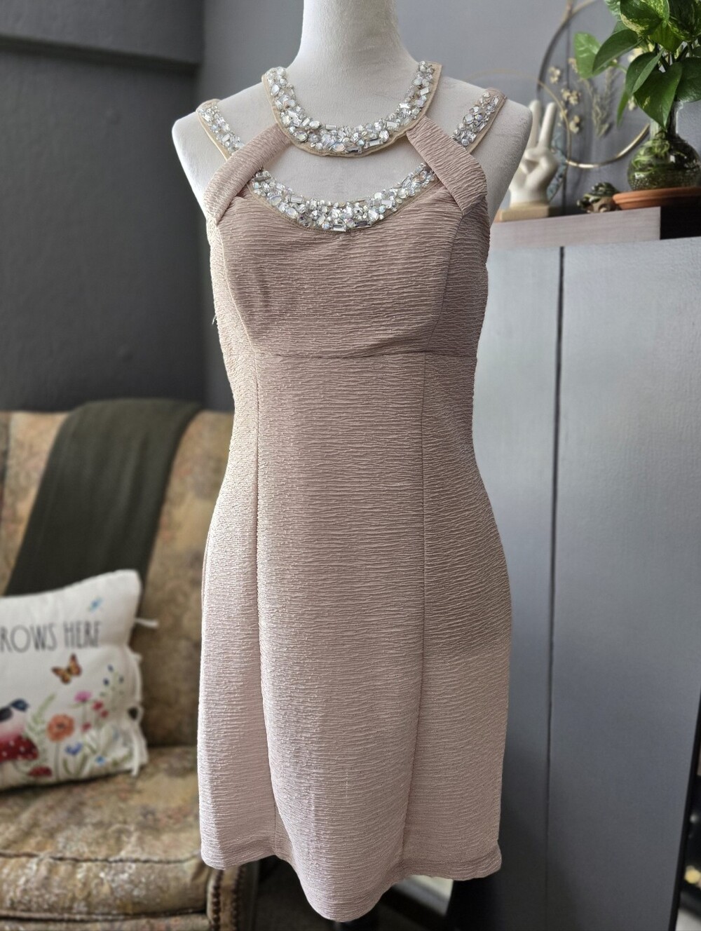 Trixxie Beige Glitter Halter Dress